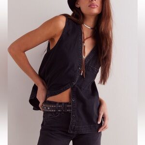Washed Black Sleeveless Button-Front Jacket